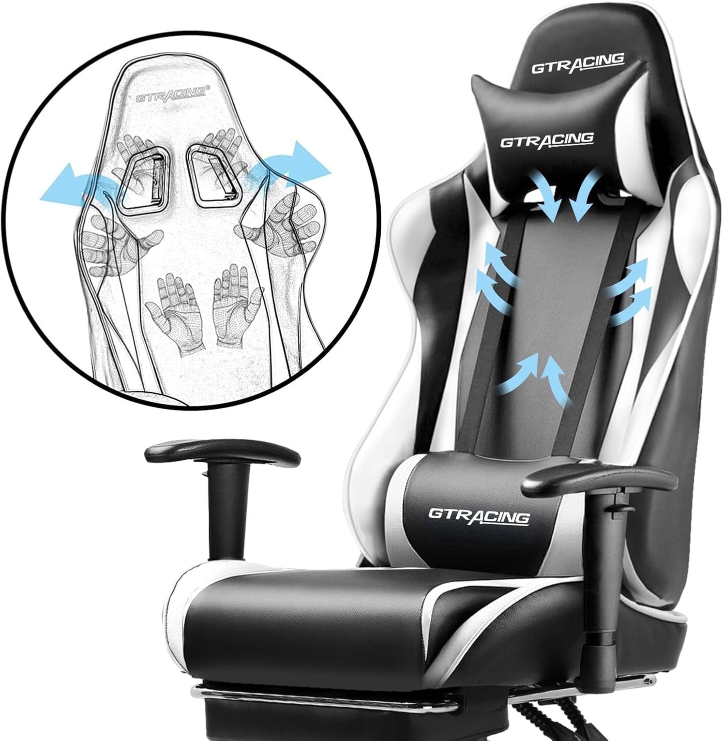 Weißer ergonomischer Gaming-Stuhl mit Fußstütze und höhenverstellbar