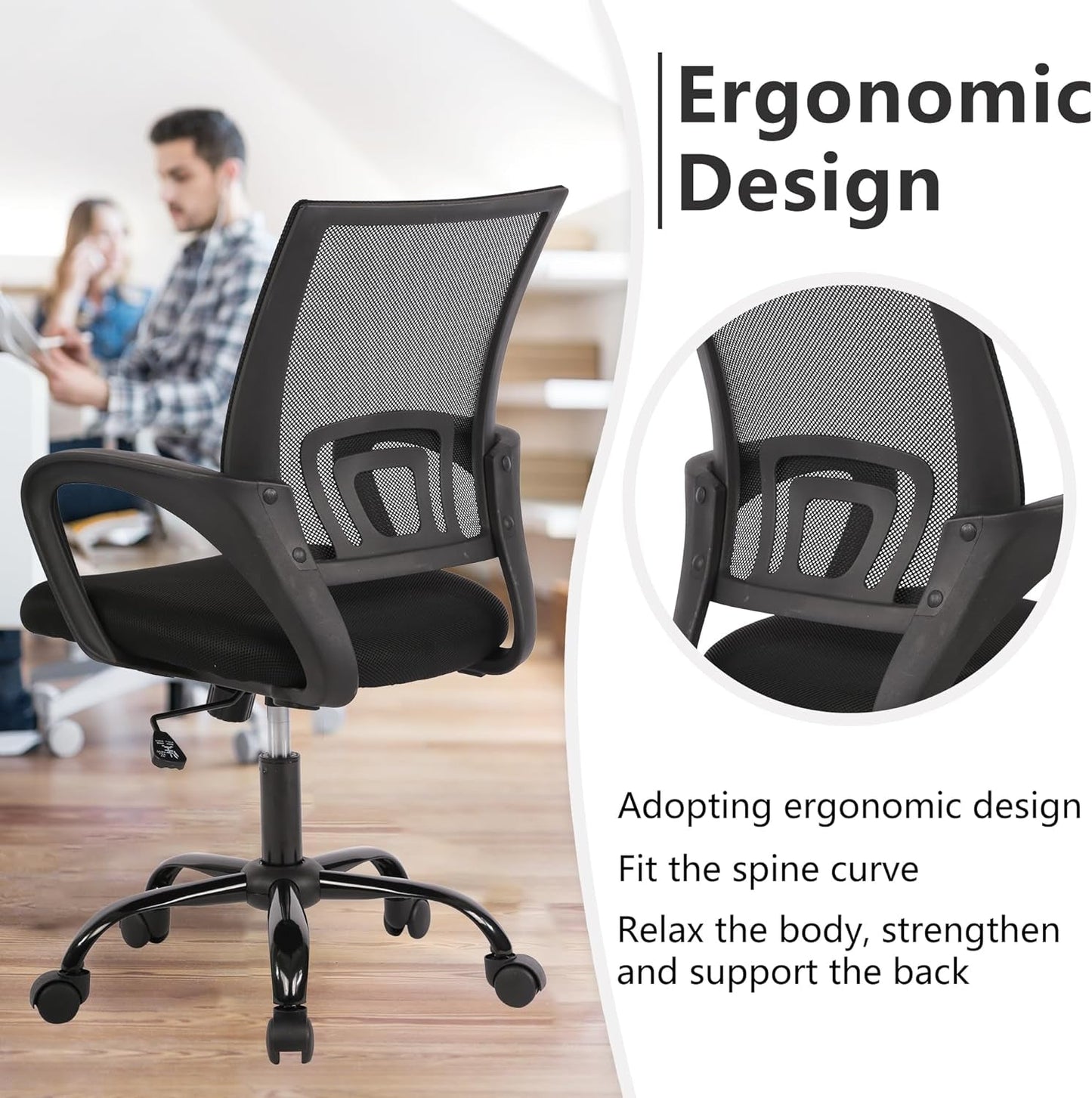 Ergonomischer schwarzer Bürostuhl mit Lordosenstütze und Netzgewebe