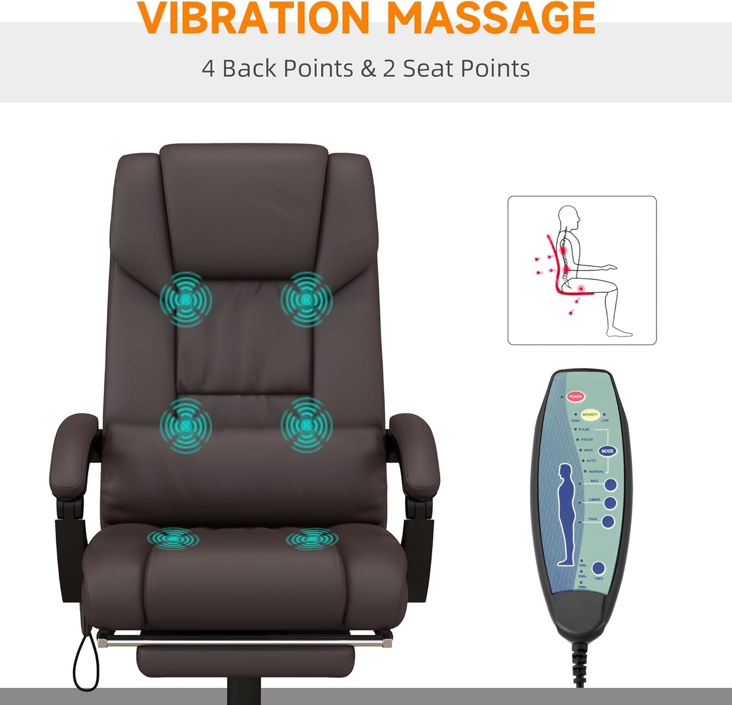 Brauner Bürostuhl mit hoher Rückenlehne, Massagefunktion und 6 Vibrationspunkten