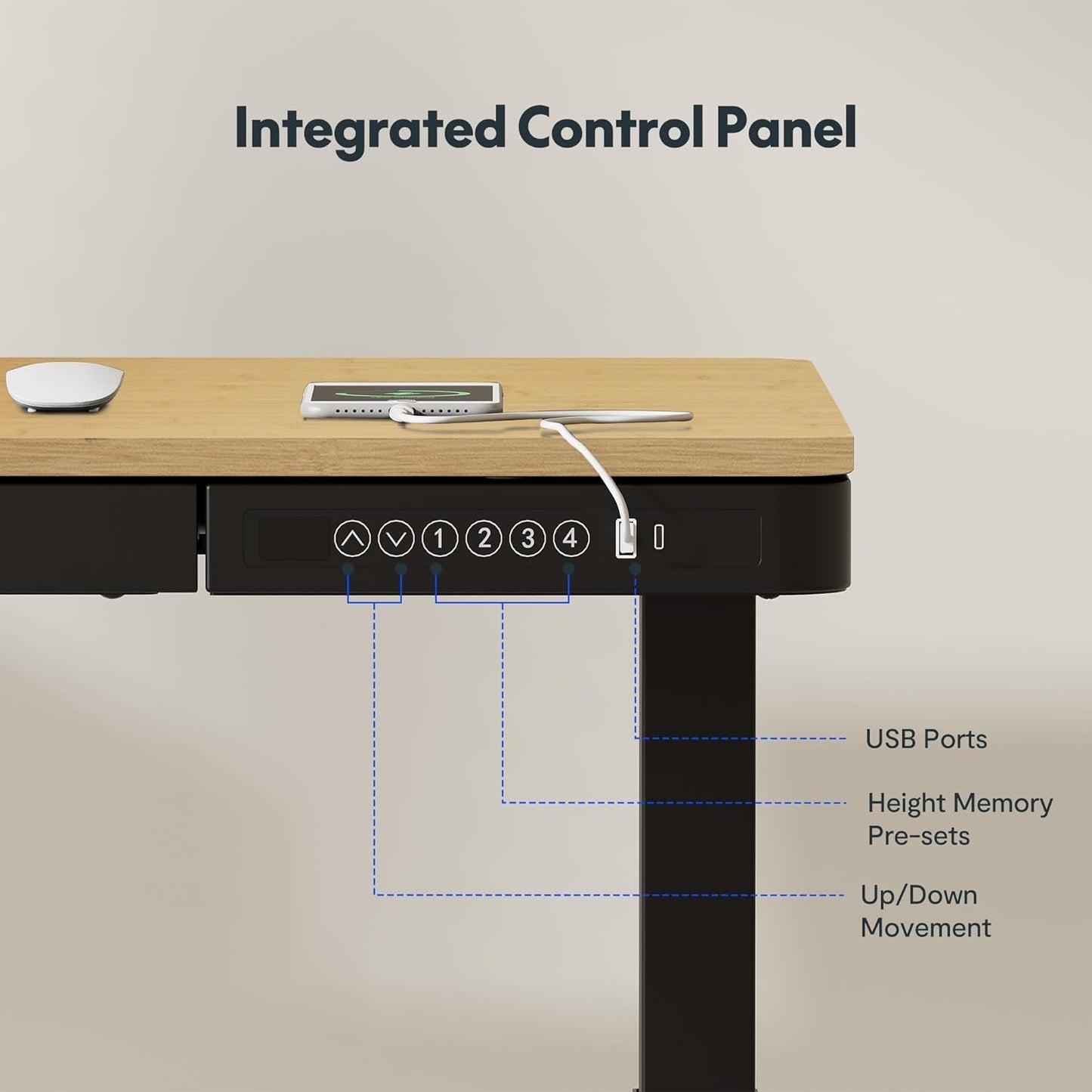Elektrischer Stehschreibtisch mit USB-Anschlüssen und verstellbarer Höhe
