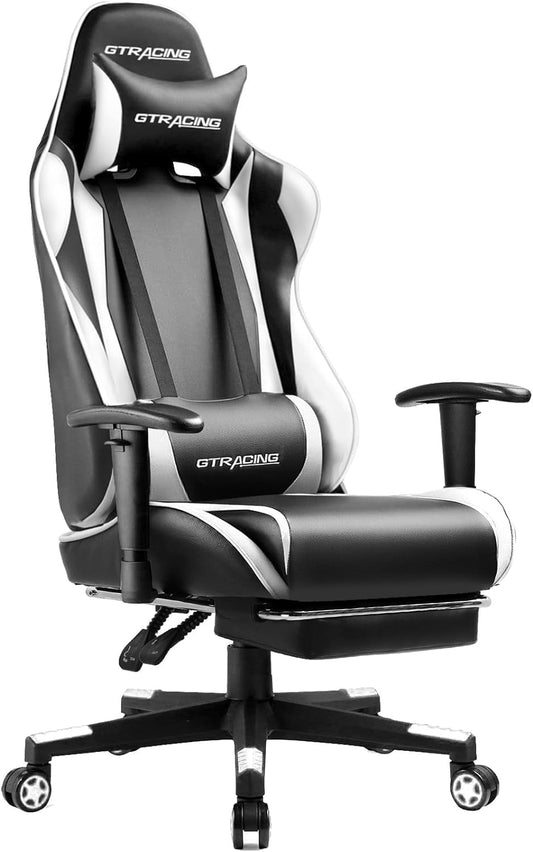 Weißer ergonomischer Gaming-Stuhl mit Fußstütze und höhenverstellbar