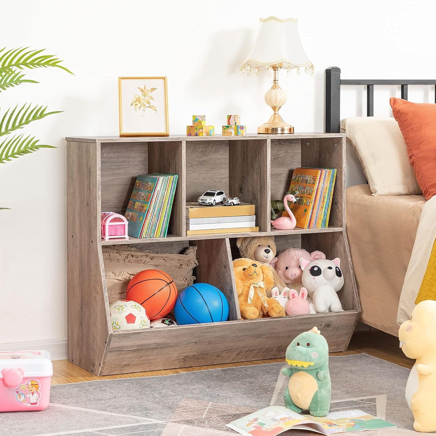 Kinder Bücherregal Spielzeug Aufbewahrungsschrank 89 cm Lang Greige