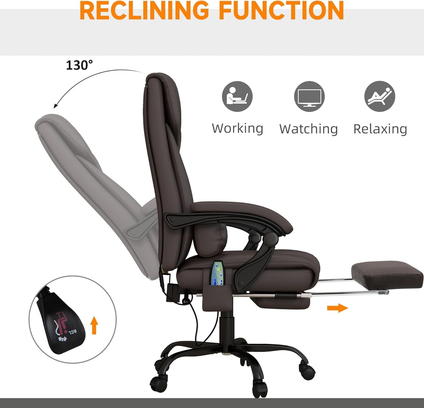Brauner Bürostuhl mit hoher Rückenlehne, Massagefunktion und 6 Vibrationspunkten