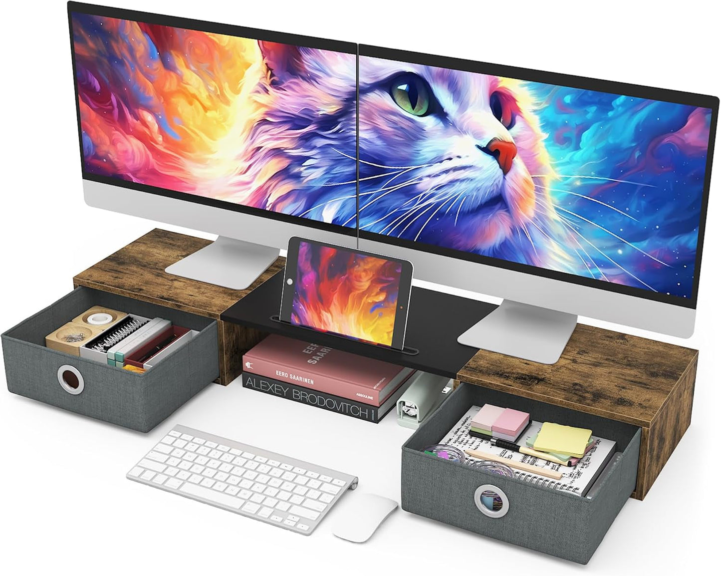 Dual Monitor Stand with Storage Drawers | ADHD Desk Organization Riser | Cove & Calm