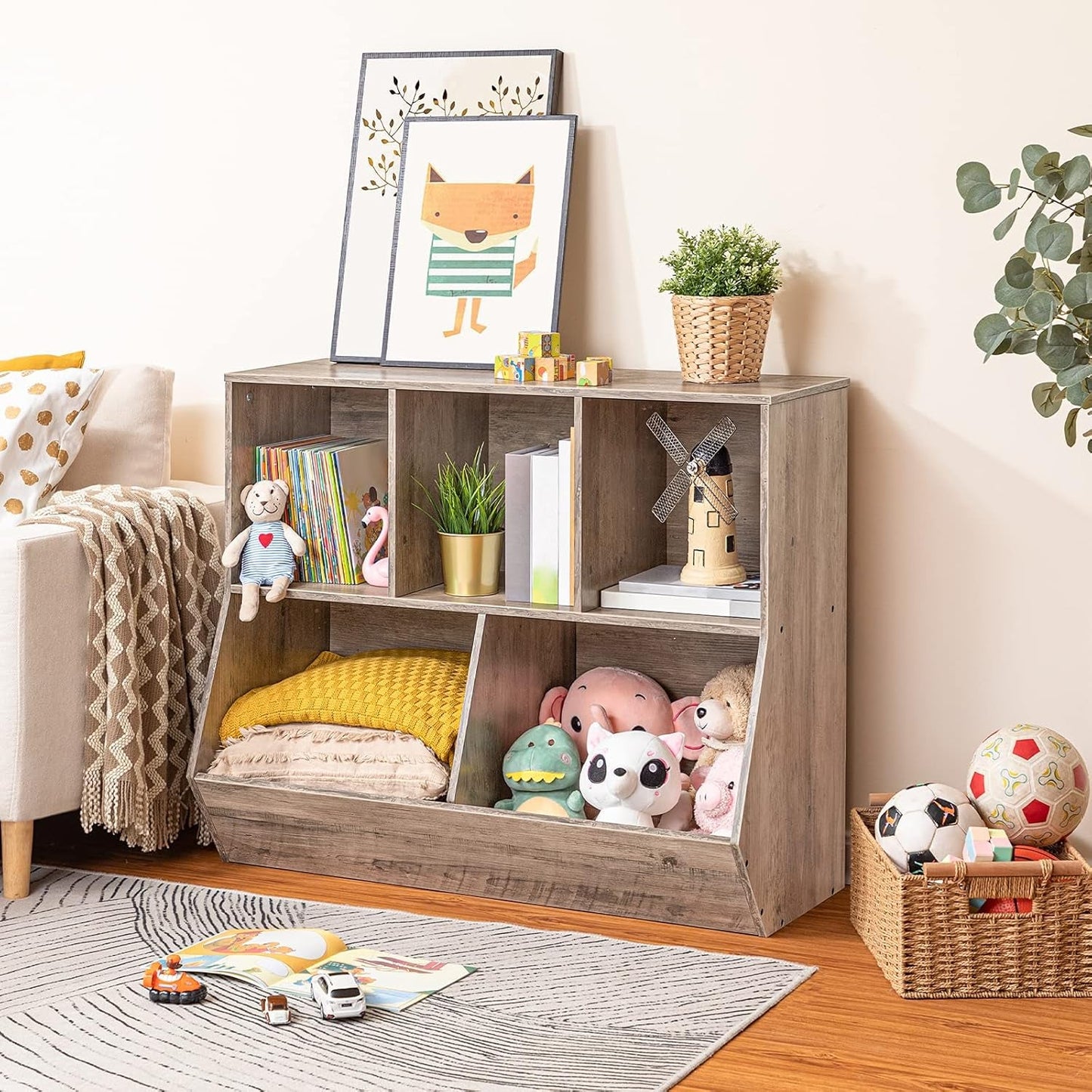 Kinder Bücherregal Spielzeug Aufbewahrungsschrank 89 cm Lang Greige