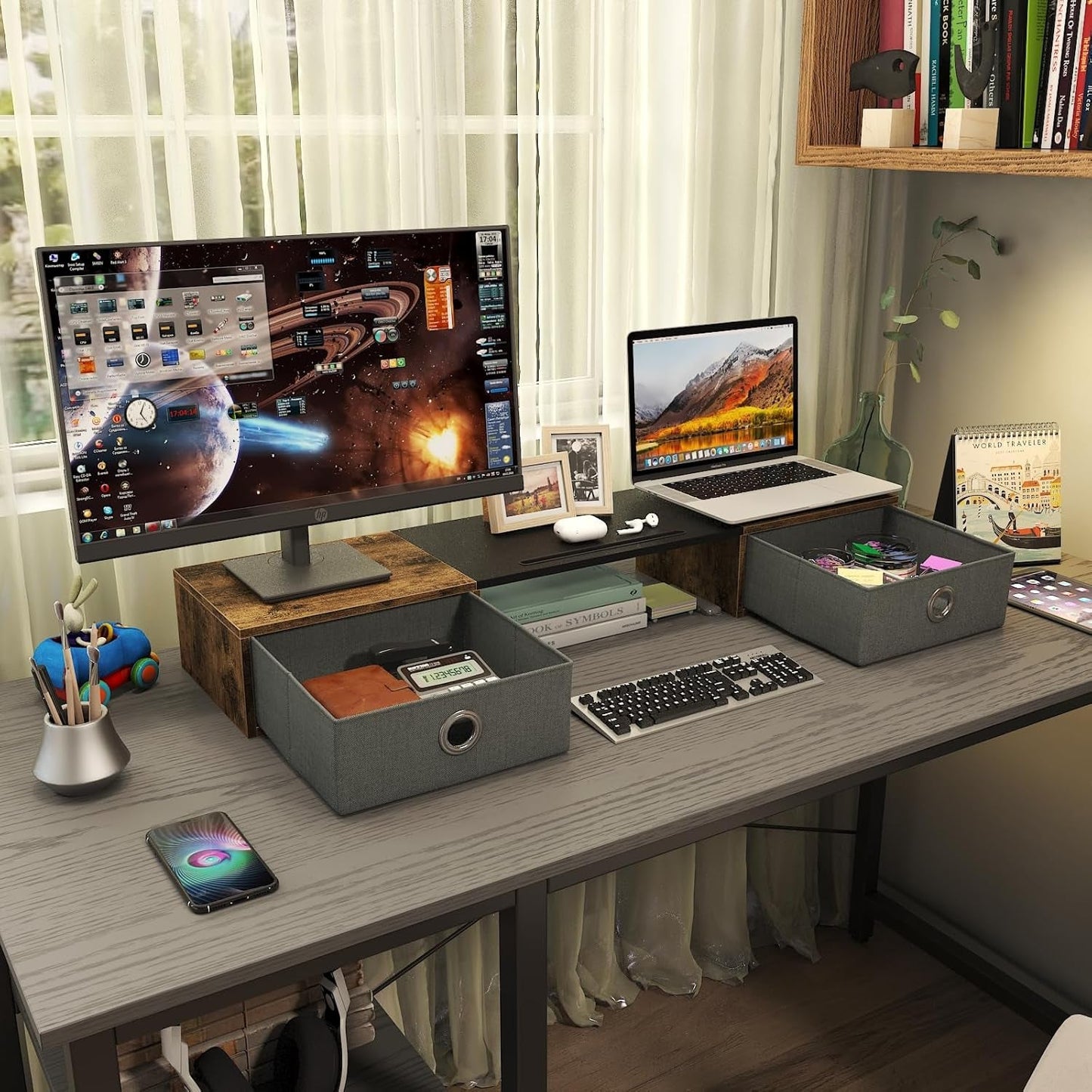 Dual Monitor Stand with Storage Drawers | ADHD Desk Organization Riser | Cove & Calm