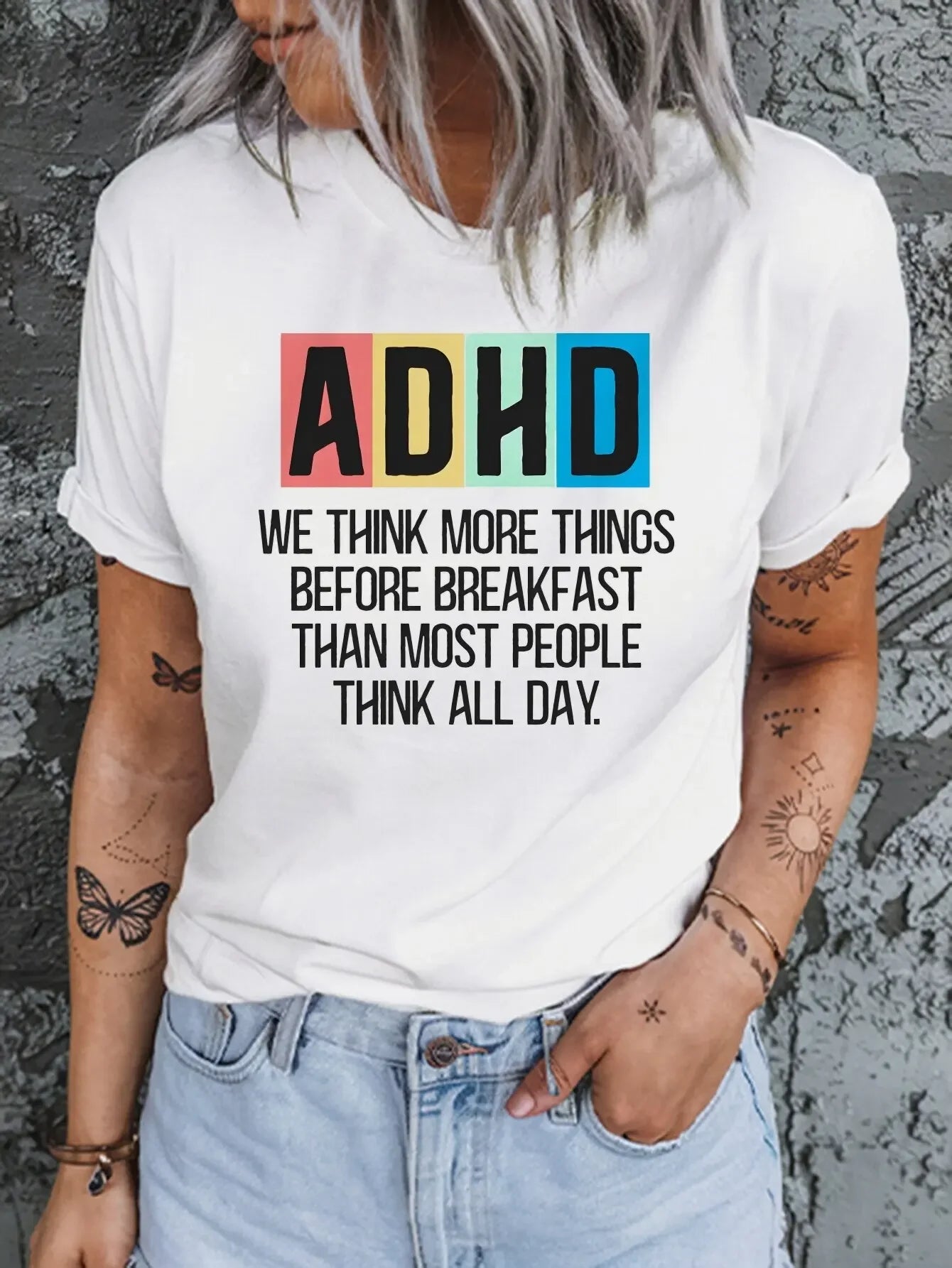 Damen lässiges kurzärmeliges Rundhals-T-Shirt mit ADHD-Print lässig