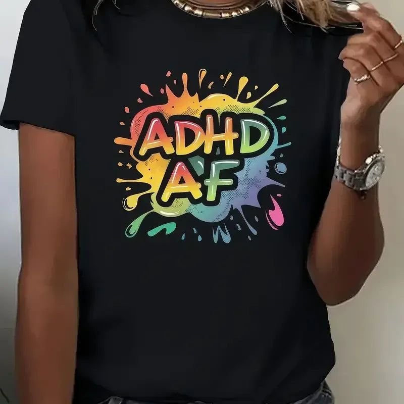 Damen T-Shirt mit Rundhalsausschnitt, lässig, Kurzarm, mit „ADHD AF“ Buchstaben-Print