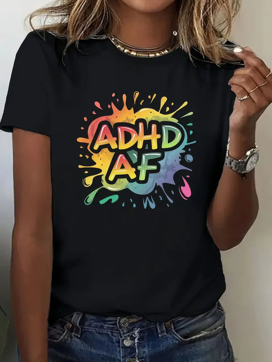 Letter Print ADHD AF Crew Neck Casual Sleeve Top T-shirts Women's