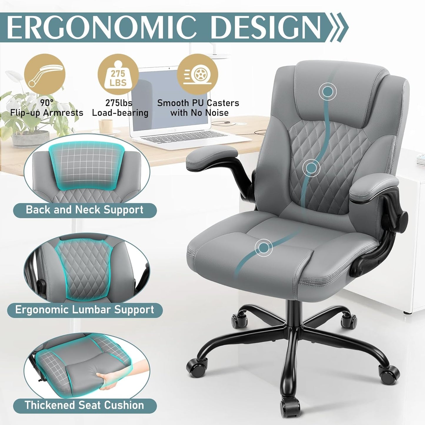 Ergonomic Office Chair for ADHD Focus | PU Leather Desk Chair with Lumbar Support | Cove & Calm