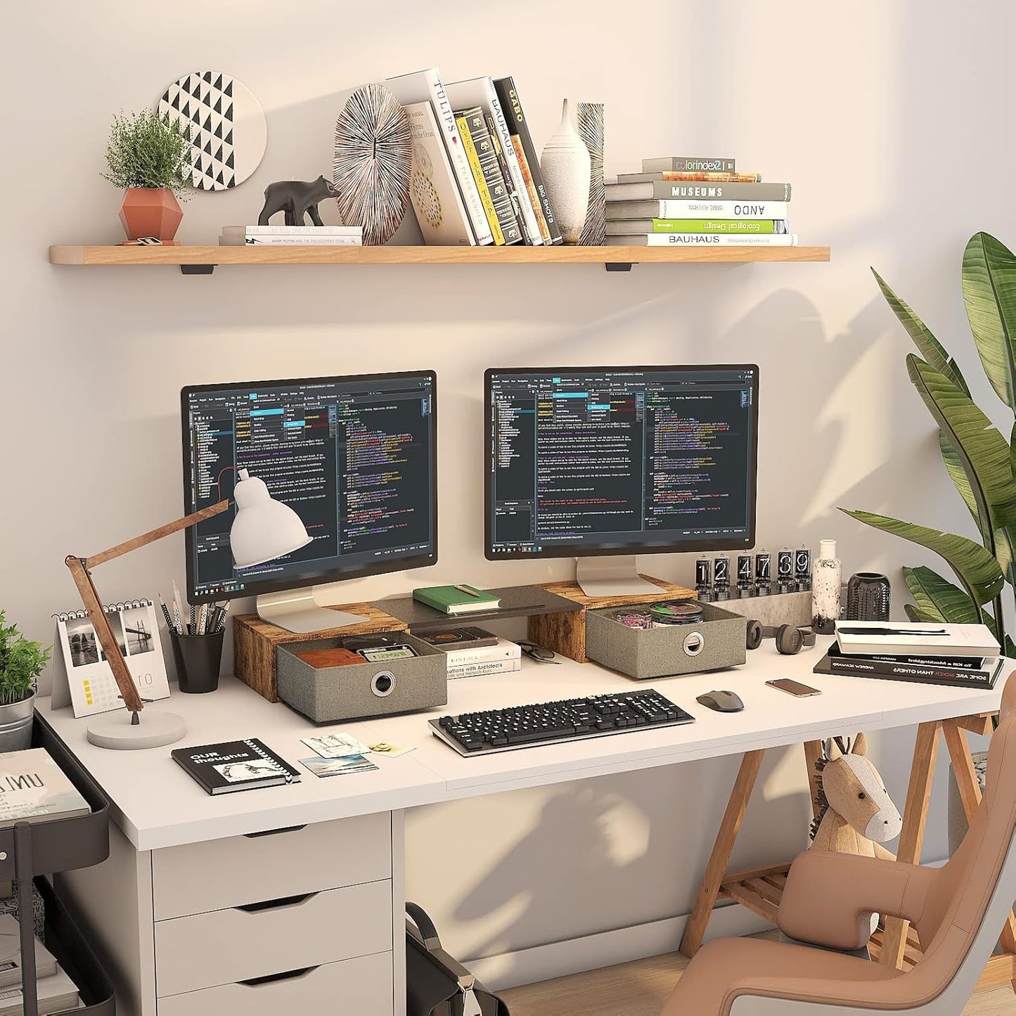 Dual Monitor Stand with Storage Drawers | ADHD Desk Organization Riser | Cove & Calm