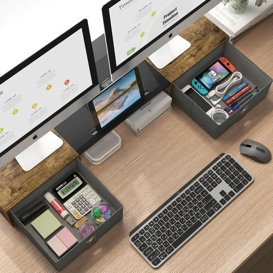 Dual Monitor Stand with Storage Drawers | ADHD Desk Organization Riser | Cove & Calm