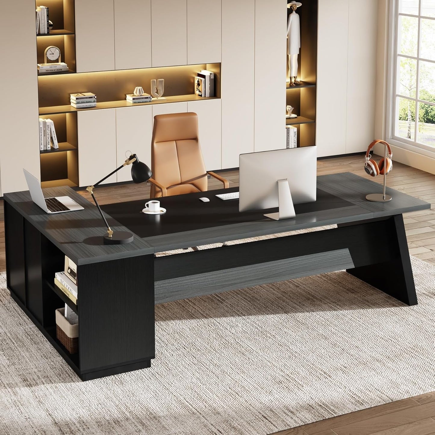 78 Inch L Shaped Desk With Drawers And File Cabinet Grey