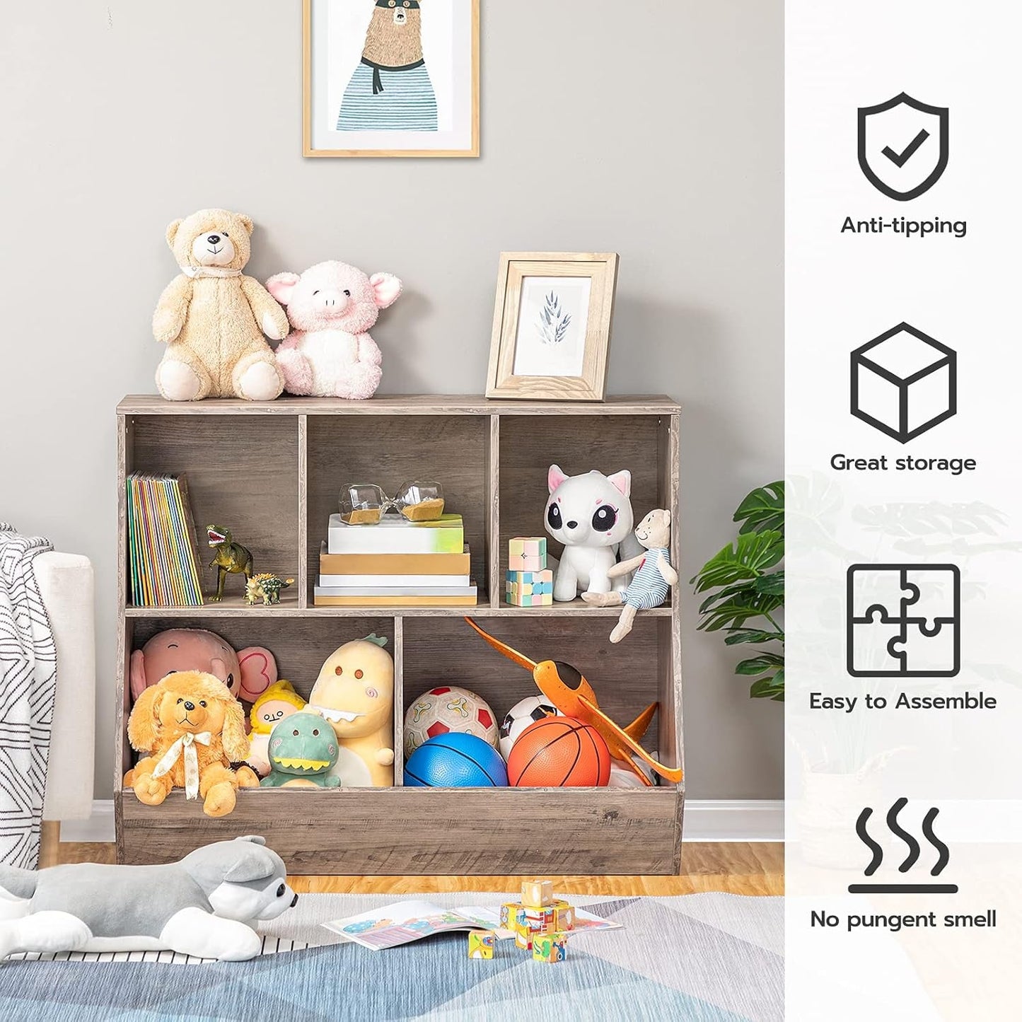 Kinder Bücherregal Spielzeug Aufbewahrungsschrank 89 cm Lang Greige