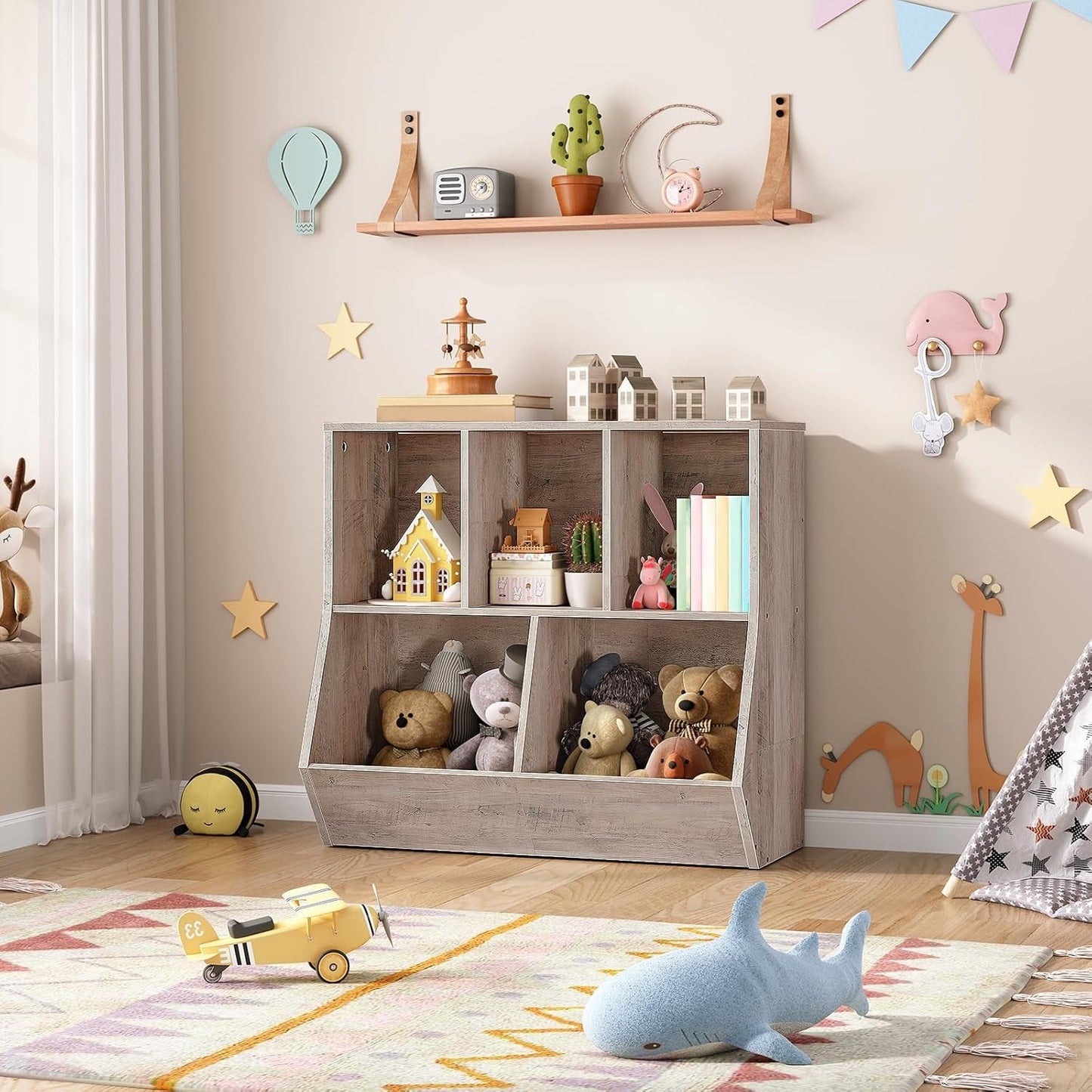 Kinder Bücherregal Spielzeug Aufbewahrungsschrank 89 cm Lang Greige